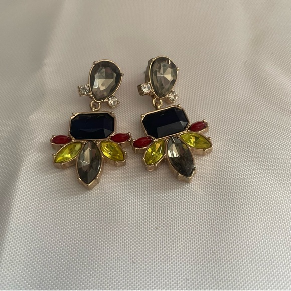 Banana Republic Earrings Rhinestone Crystals Pierced Gold Tone 2” Yellow Blue - Picture 1 of 3
